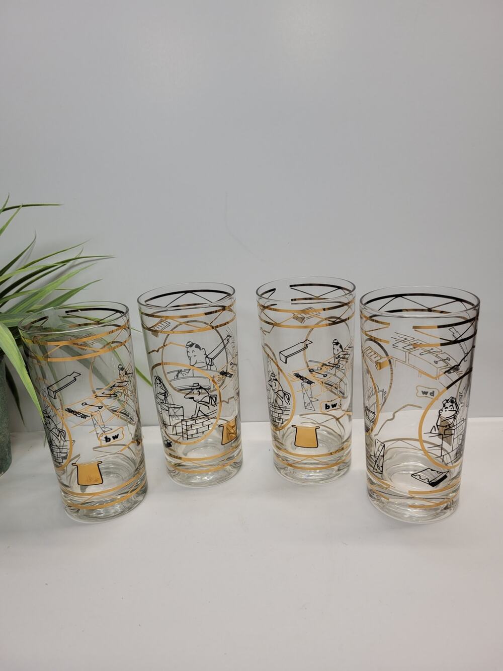4 Vintage MCM Bob Wallack Cera Highball Glasses Construction Worker Bricklayer